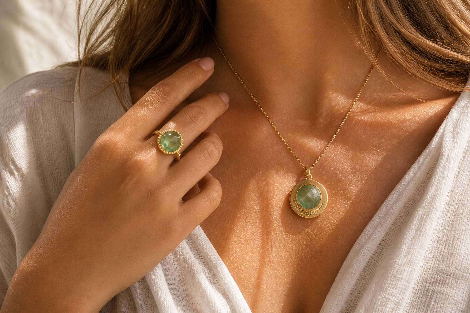 Minimalist jewelry close-up of gold necklace with green gemstone amulet and matching ring on woman in white linen, soft natural light.