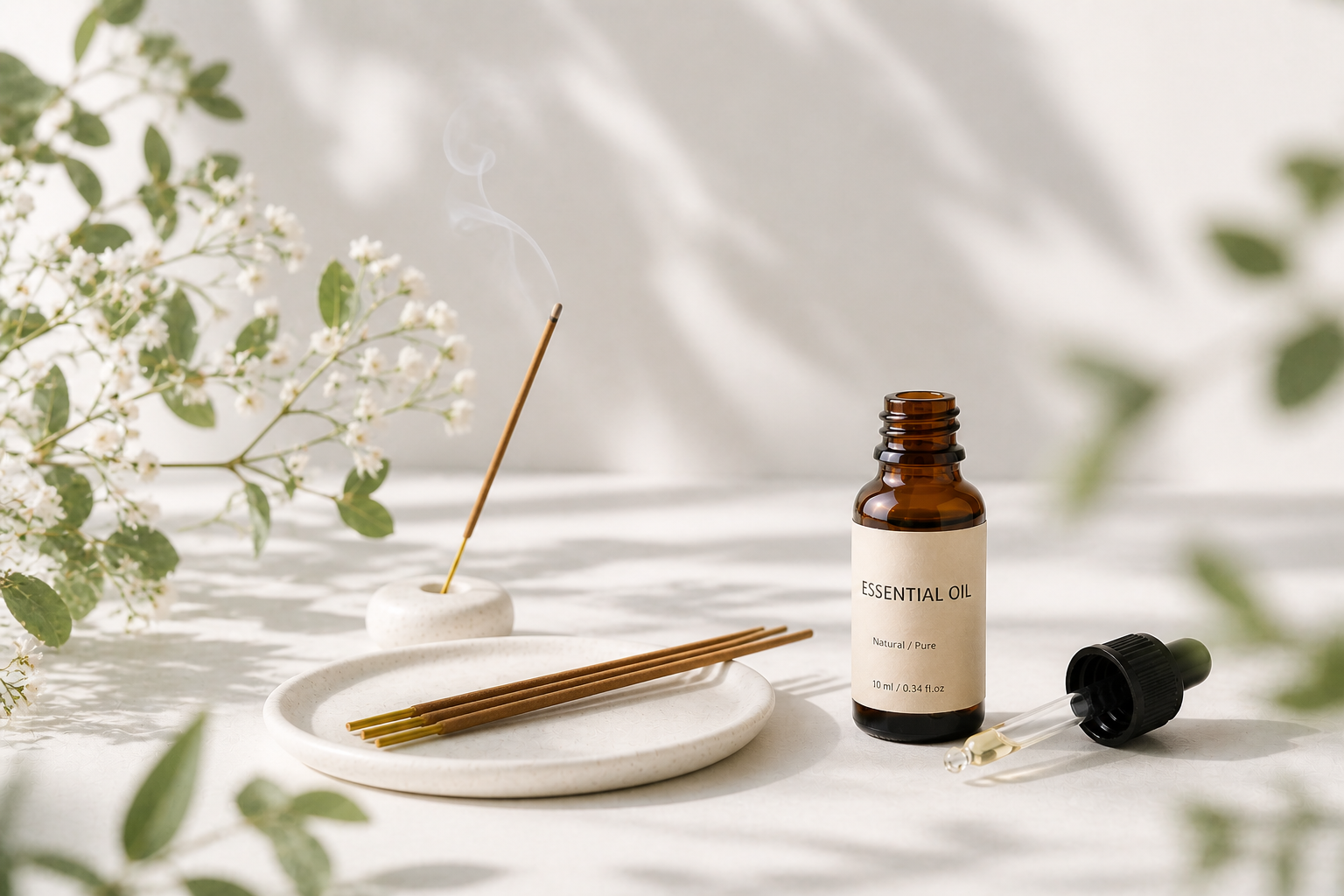 Minimalist aromatherapy scene with an essential oil bottle, incense sticks on a white ceramic tray, and soft greenery in natural light, creating a calm and airy atmosphere.