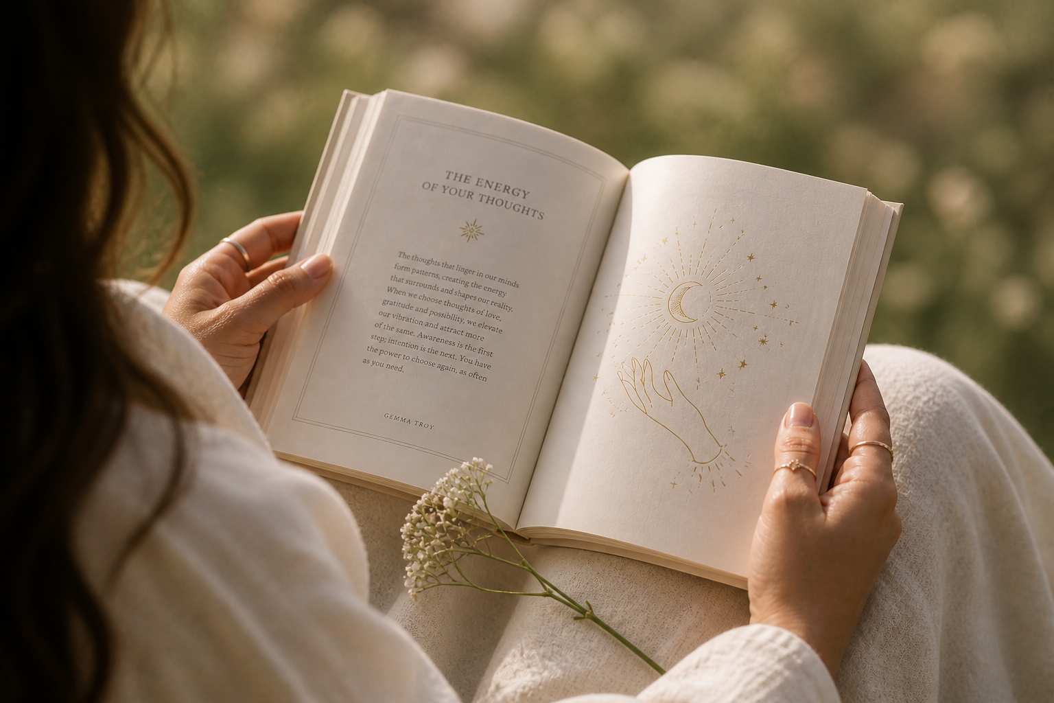 Close-up of a woman reading a book outdoors, soft natural light on an open page with delicate illustration and a single white flower.
