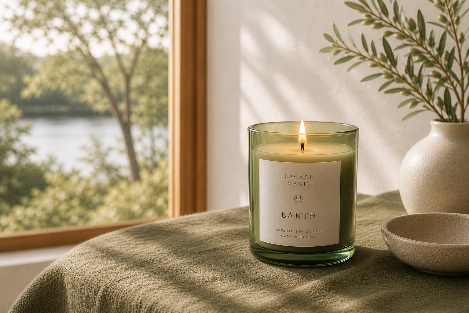 Green glass candle in minimalist interior by window, natural light, linen tablecloth, and botanical elements, calm home decor.