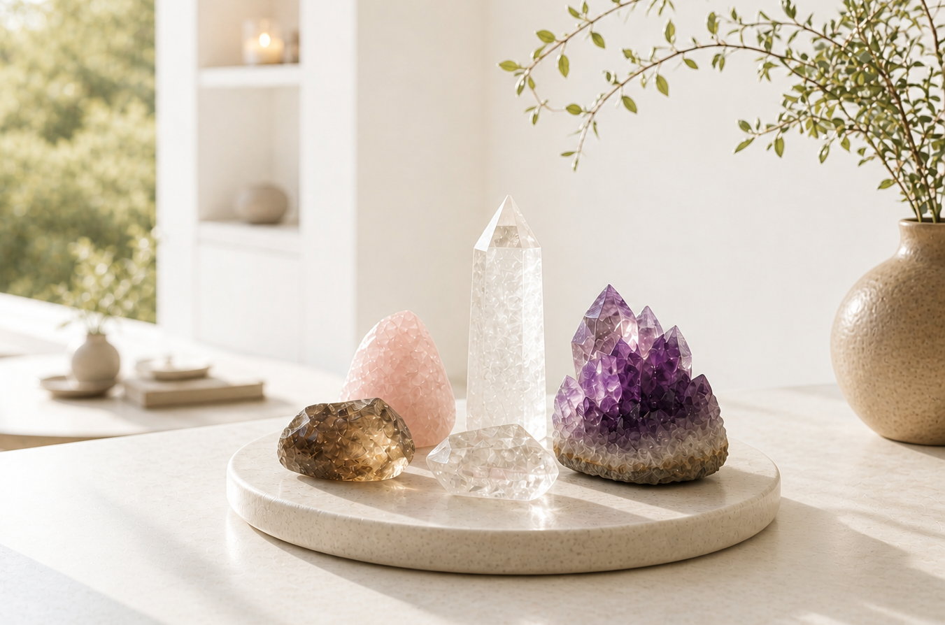 https://www.sacralmagic.com/pages/crystalsneutral tray, minimalist white interior and natural sunlight.