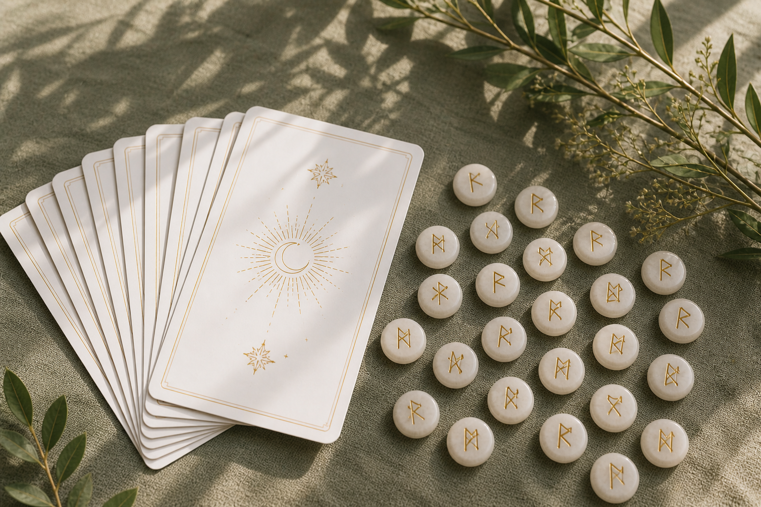 Minimalist flat lay of white oracle cards and rune stones with gold symbols on a soft green textured cloth, accented by natural greenery in warm sunlight.