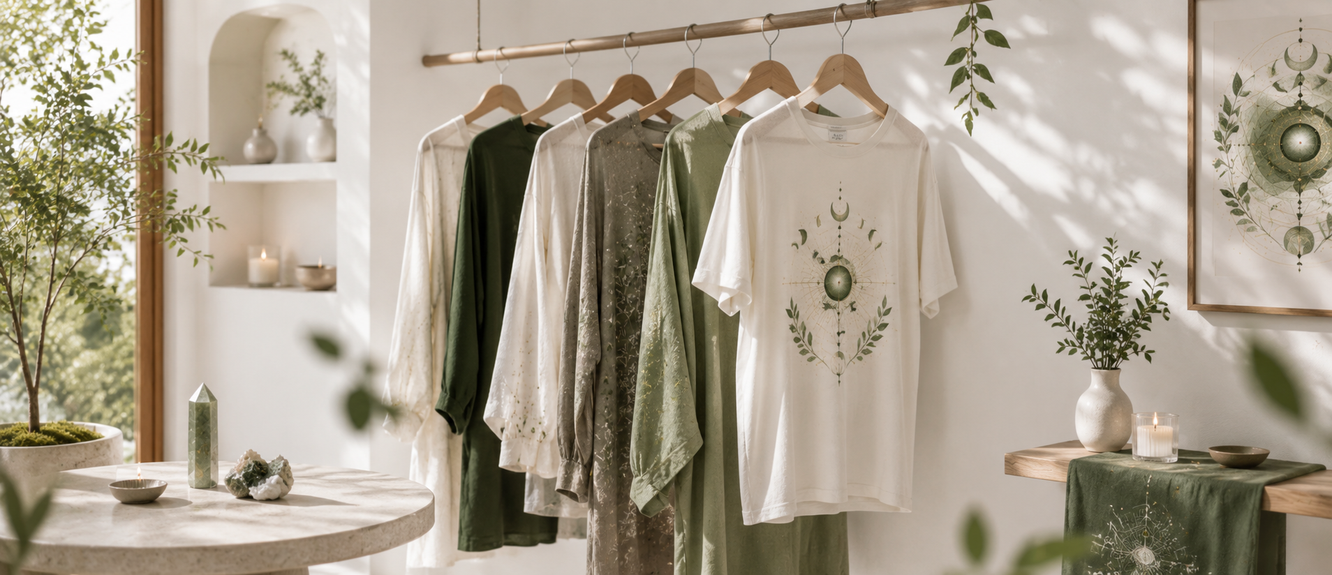 Minimalist mystical fashion boutique with white and sage green clothing, celestial prints, natural light, crystals, candles, and botanical decor in a serene modern studio.