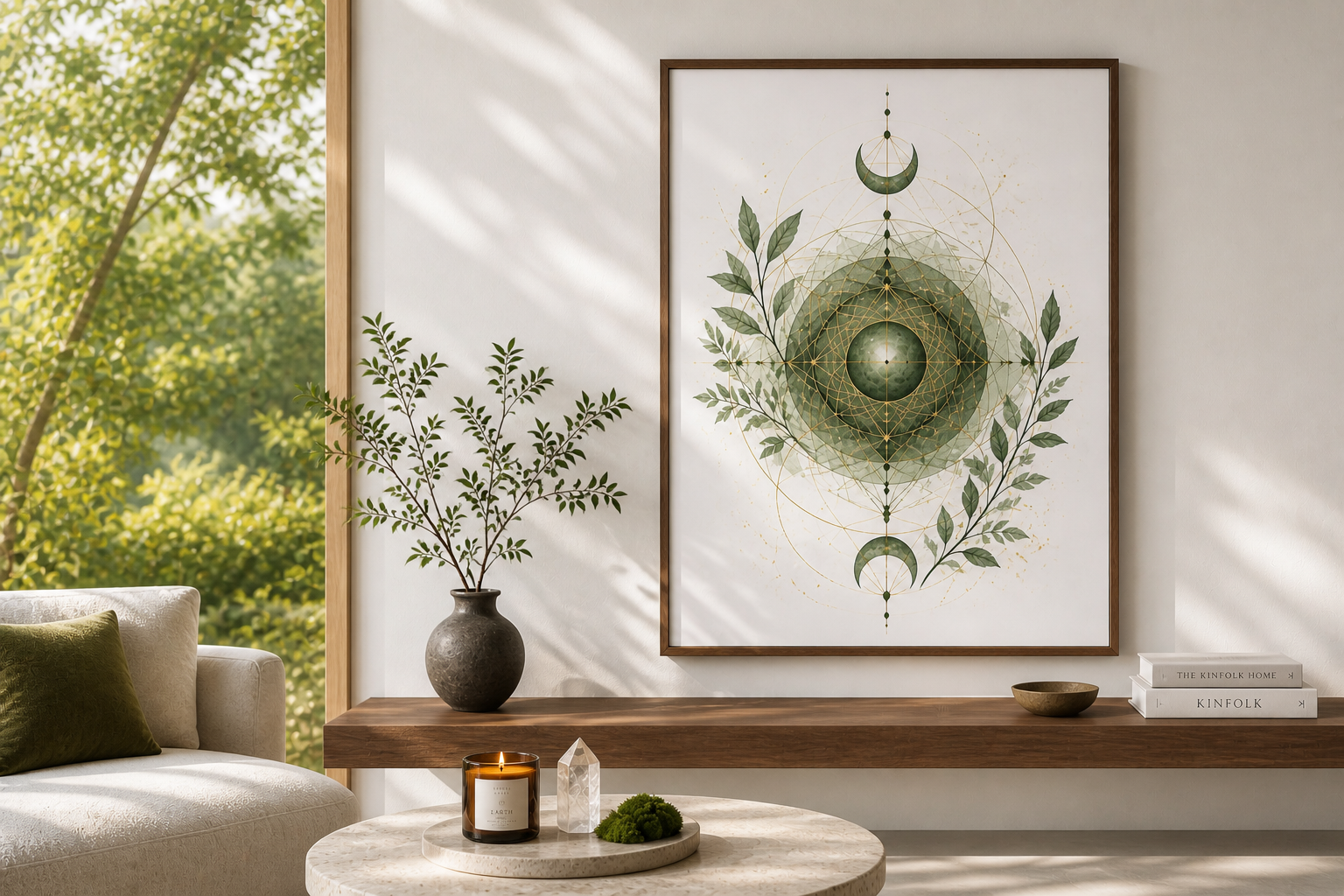 Minimalist interior with green sacred geometry wall art and natural decor in soft sunlight.
