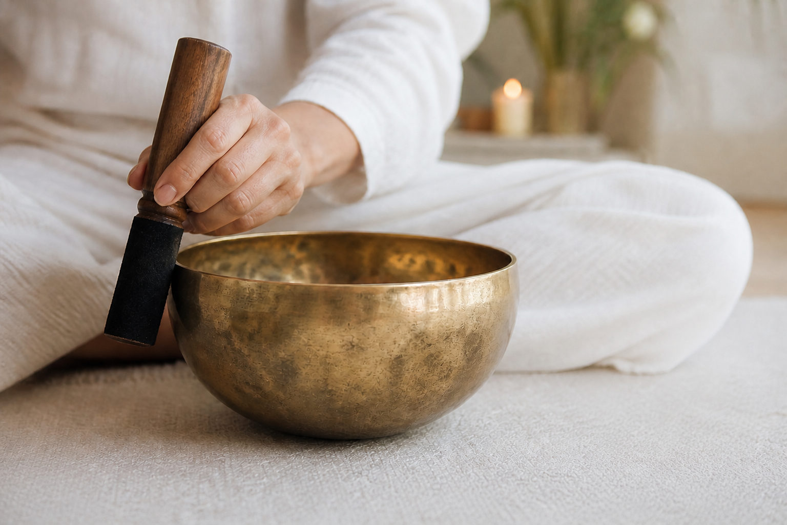A person in white clothing sits cross-legged on a soft surface, gently holding a wooden mallet beside a brass singing bowl, with a softly lit candle and blurred greenery in the background, creating a calm and meditative atmosphere.