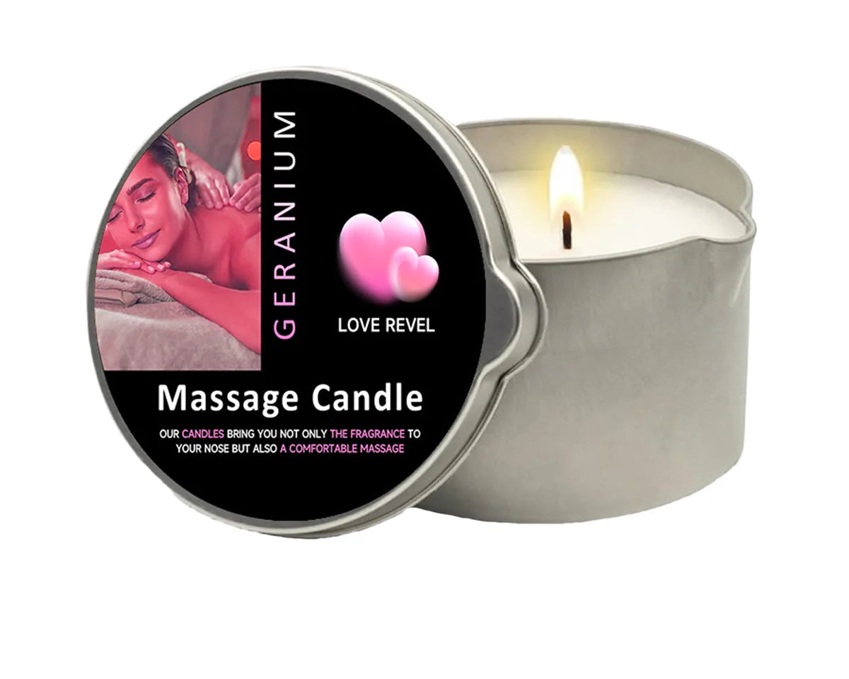 Massage candle with lit wick and 'Geranium' packaging on a white background