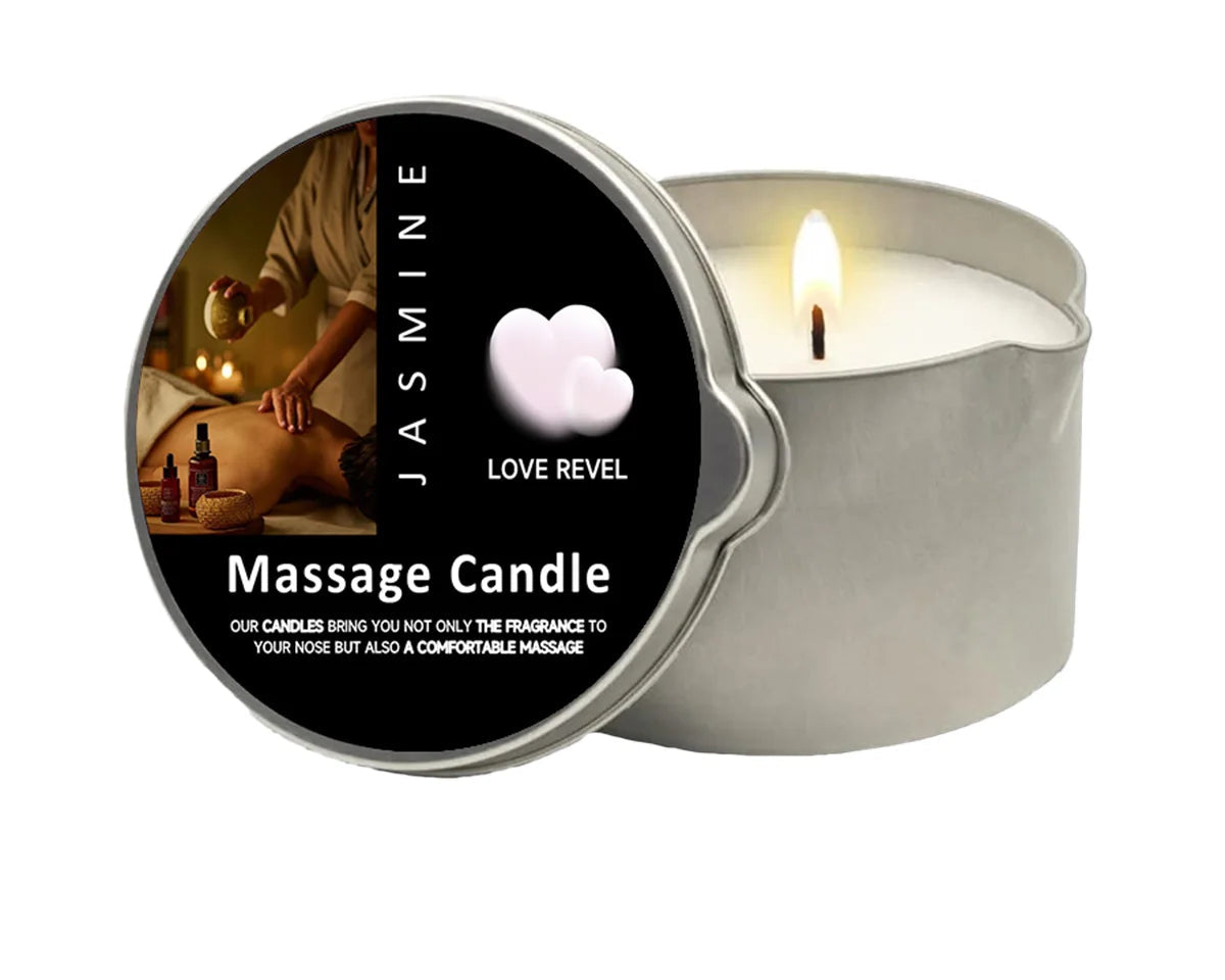 Massage candle with Jasmine Love Revel branding on a white background