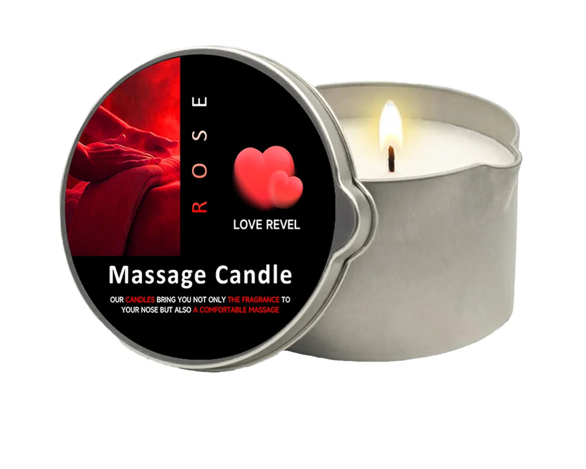Rose massage candle with packaging on a white background