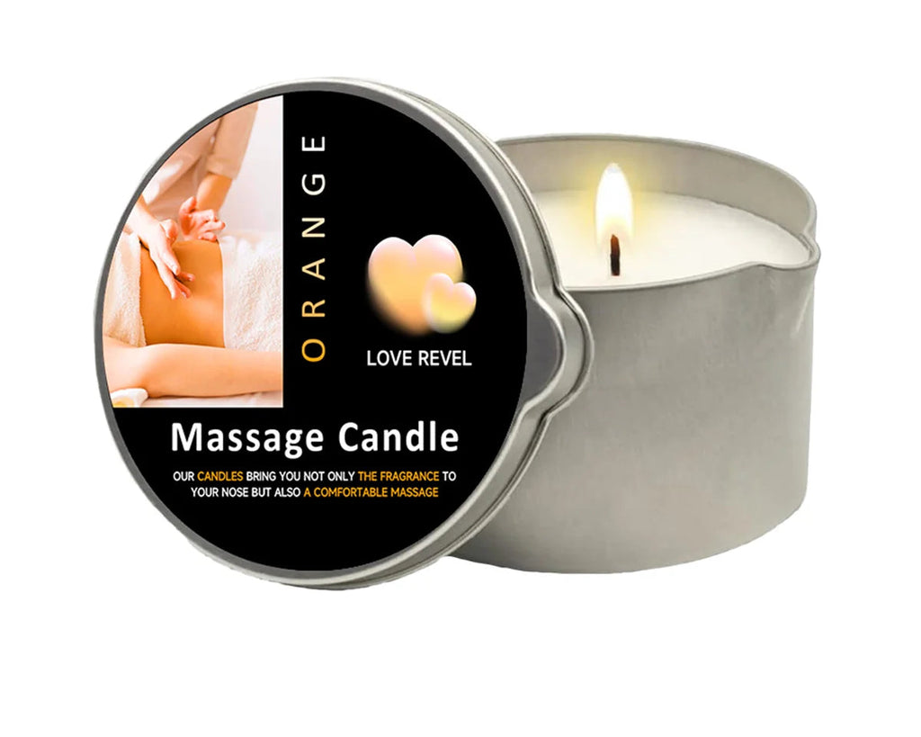 Massage candle with packaging labeled 'Orange Love Revel' on a white background