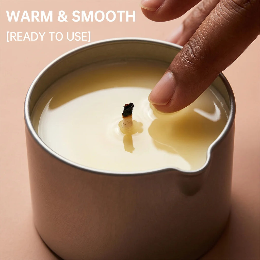 Candle being extinguished with a hand on a beige background, labeled 'Warm & Smooth, Ready to Use'.