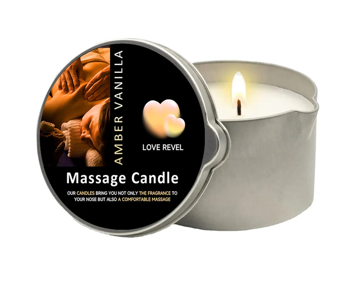 Amber Vanilla Massage Candle with lid open on a white background