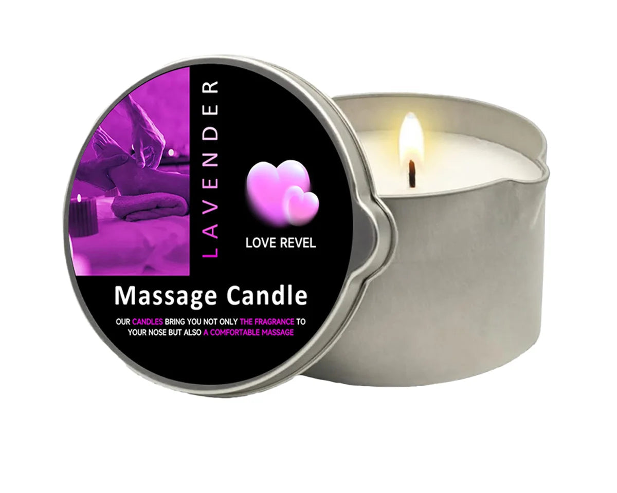 Massage candle with packaging labeled 'Lavender' and 'Love Revel' on a white background.