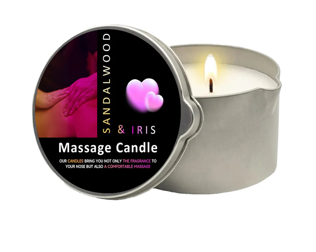Massage candle with sandalwood and iris fragrance, labeled 'Sandalwood & Iris'.