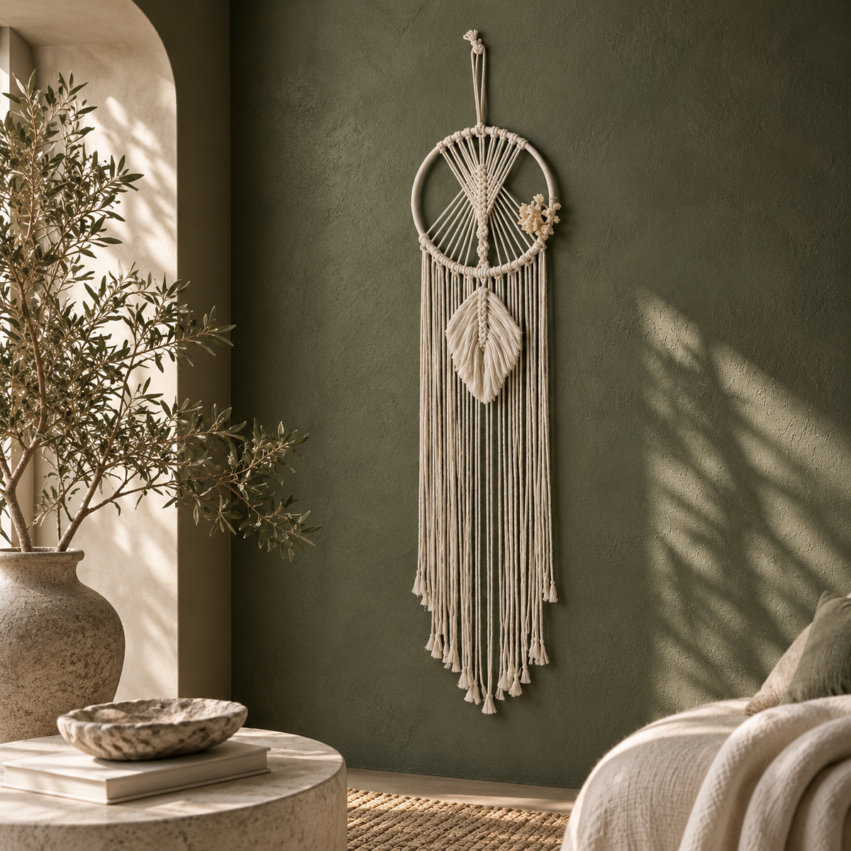 A cream macrame dreamcatcher with a woven web, central leaf, and long hanging fringes, displayed on a dark green wall in a styled room with a vase, table, and soft sunlight.