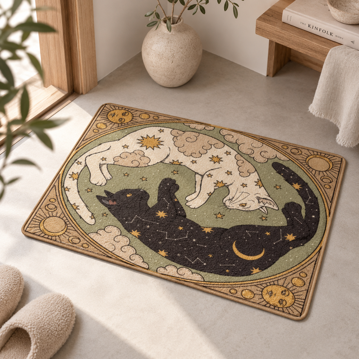 A rectangular decorative rug with a celestial cat design lies on a light concrete floor in a cozy room. The rug features a black cat and a white cat facing each other under stars and clouds, surrounded by a beige border with sun motifs.