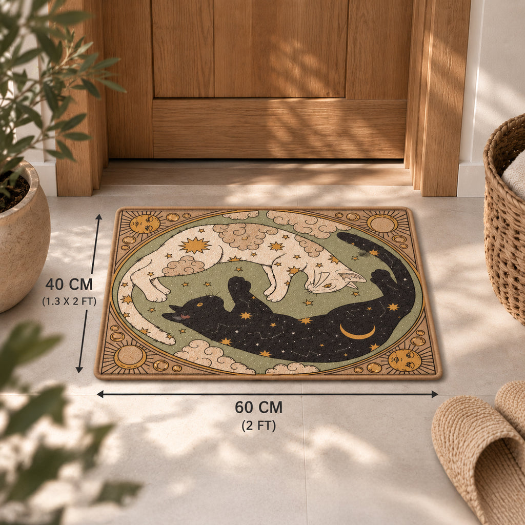 A rectangular doormat with a celestial yin-yang style design showing a black cat and white dog in a dreamy moonlit scene. The mat is displayed on a light floor in front of a wooden door, with dimension overlays indicating 60 cm by 40 cm.