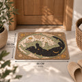 A rectangular doormat with a celestial yin-yang style design showing a black cat and white dog in a dreamy moonlit scene. The mat is displayed on a light floor in front of a wooden door, with dimension overlays indicating 60 cm by 40 cm.