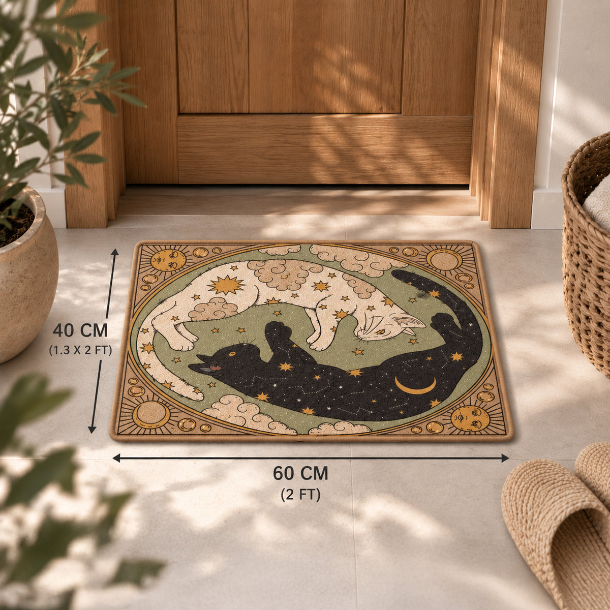 A rectangular doormat with a celestial yin-yang style design showing a black cat and white dog in a dreamy moonlit scene. The mat is displayed on a light floor in front of a wooden door, with dimension overlays indicating 60 cm by 40 cm.