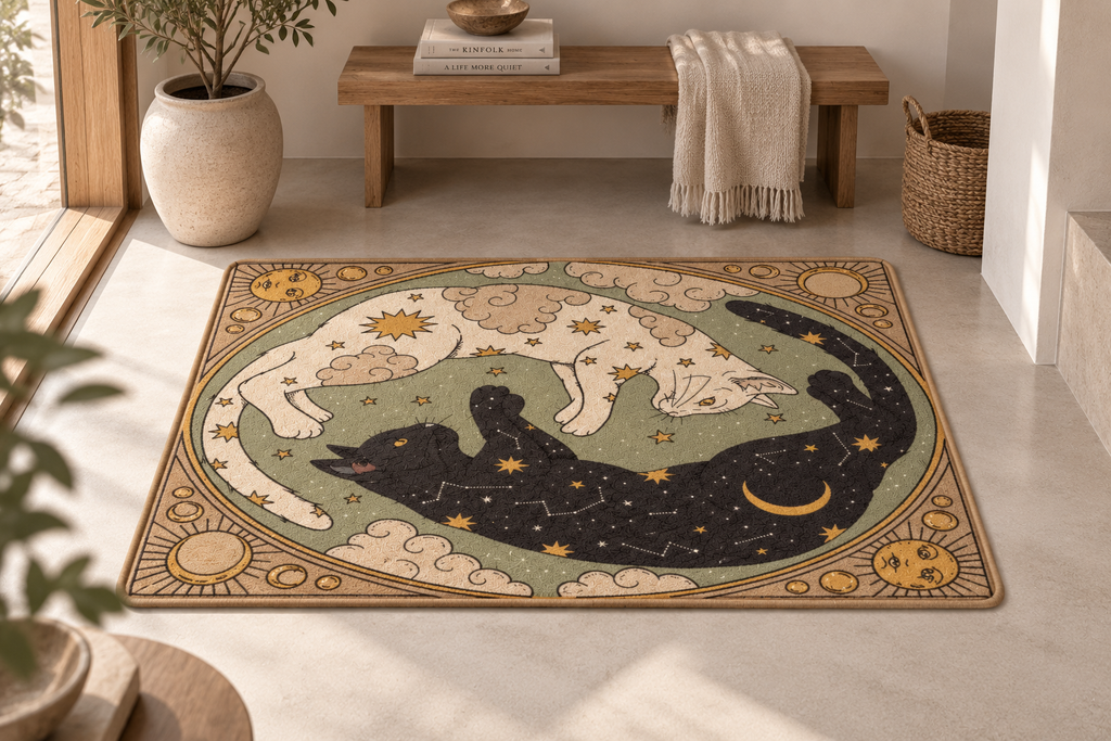 A rectangular area rug with a celestial yin-yang design featuring a black cat under a crescent moon and a white cat under a crescent sun, styled in a warm, modern interior setting.