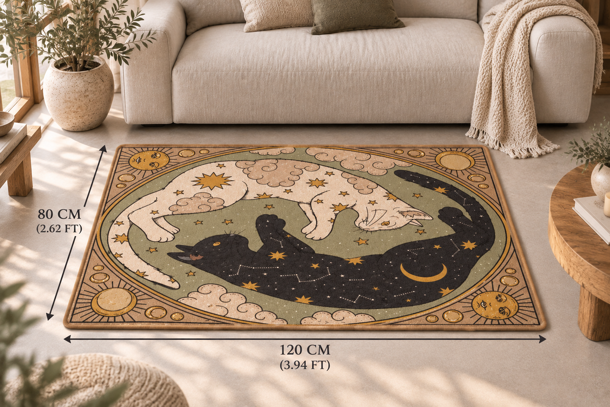 A rectangular area rug with a celestial yin-yang style design featuring a black cat and white cat, stars, and suns, shown in a styled living room. Black dimension arrows indicate 120 cm width and 80 cm length.