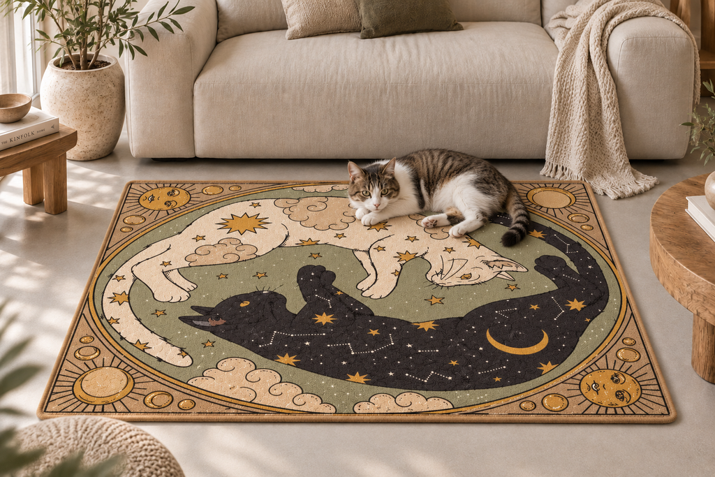 A rectangular area rug with a celestial yin-yang style design featuring a cat silhouette over a dog silhouette, styled in a cozy living room with a cat lying on top.