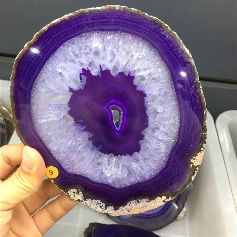 Close-up of a purple and white geode slice held by a hand.