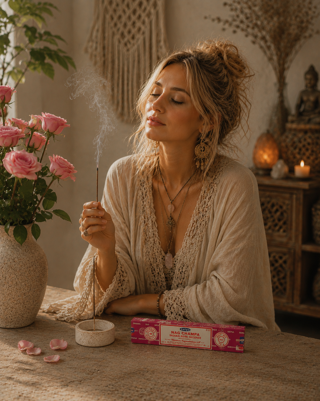 Woman lighting incense in a serene indoor setting with flowers and candles.