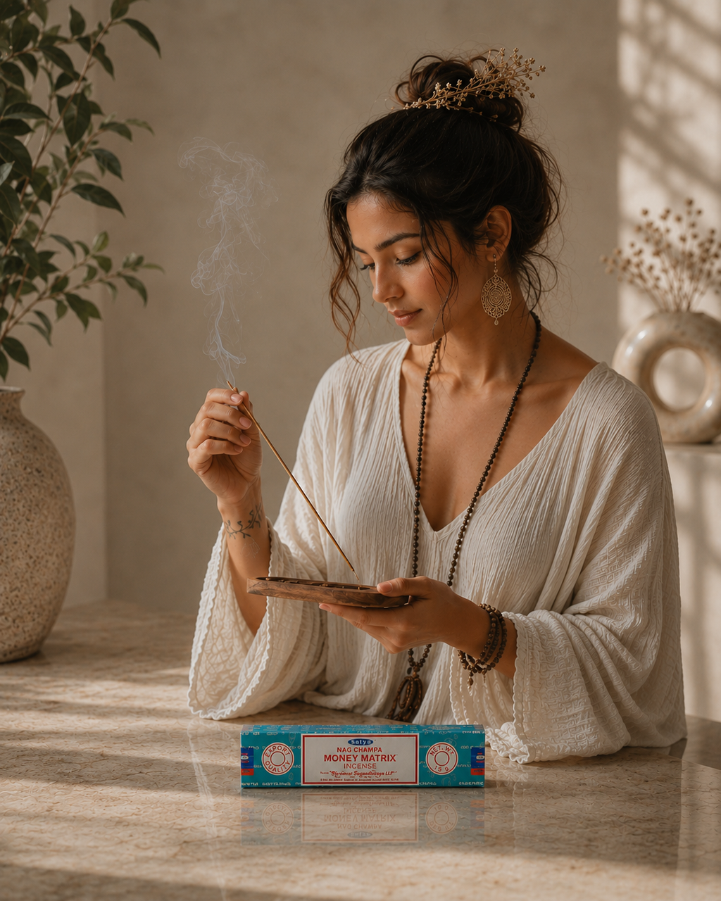 Woman in a white robe holding incense sticks with a box of incense in front of her.