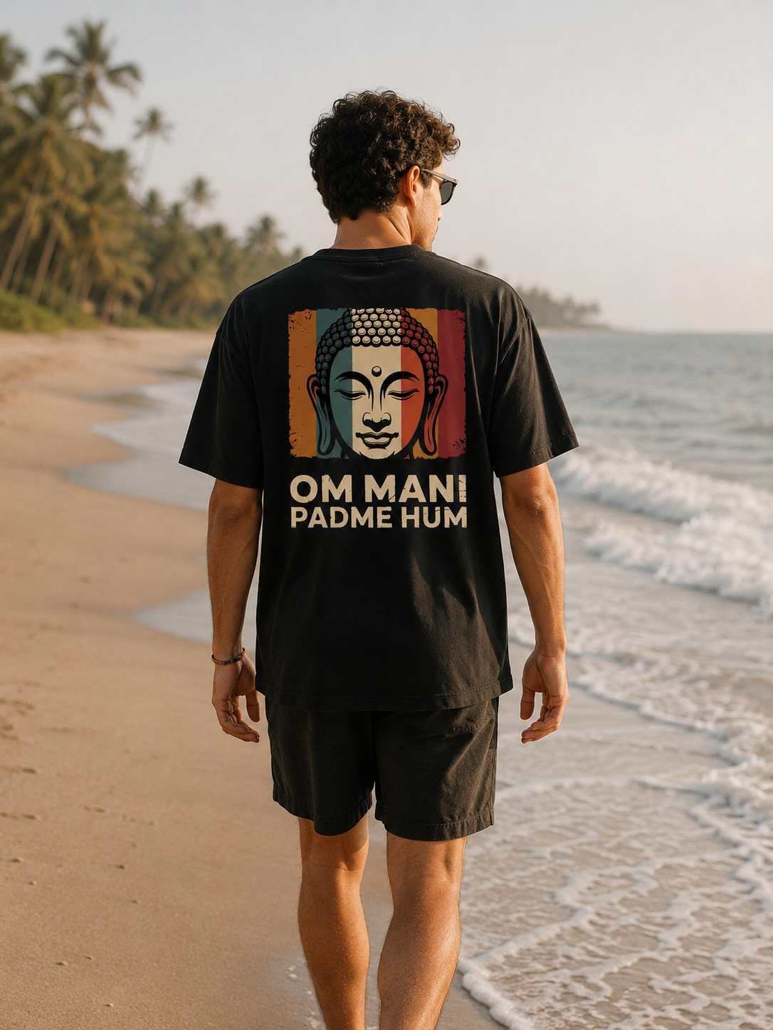 Person wearing a black t-shirt with a Buddha design and text on a beach