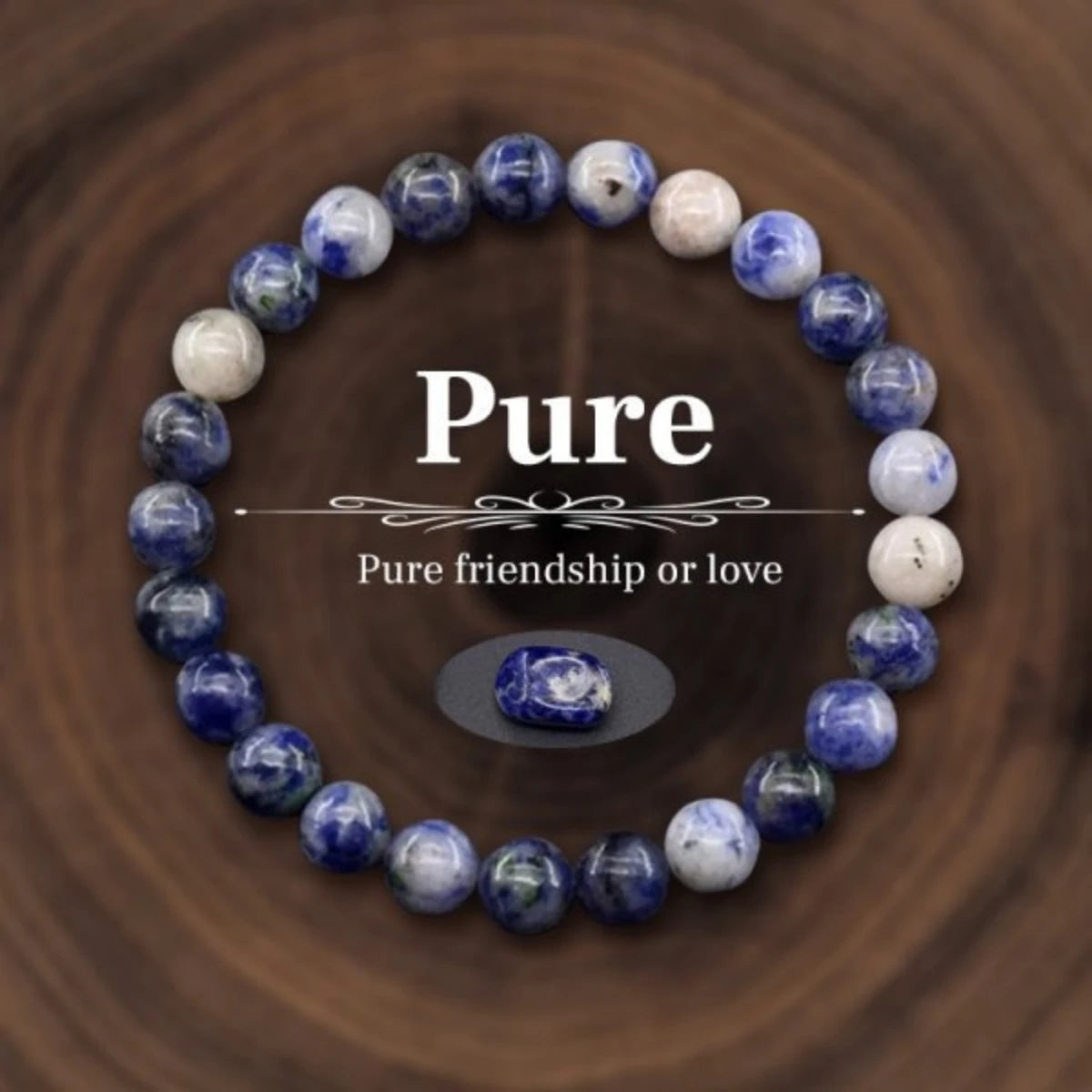 Beaded bracelet with blue and white beads on a wooden surface, featuring the text 'Pure friendship or love'.
