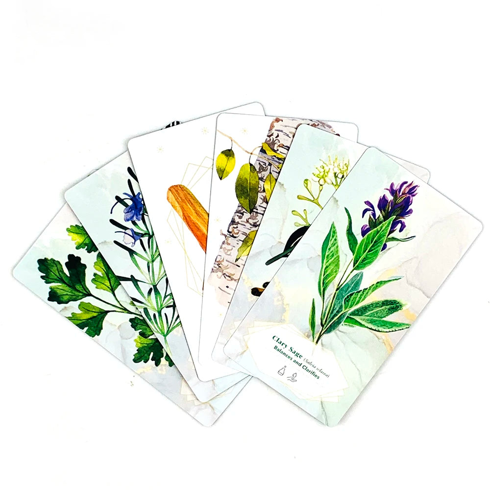 Set of tarot cards with nature-themed designs on a white background