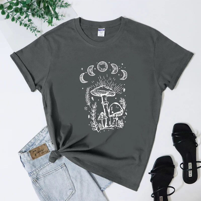 Gray t-shirt with white mushroom and moon design on a white background