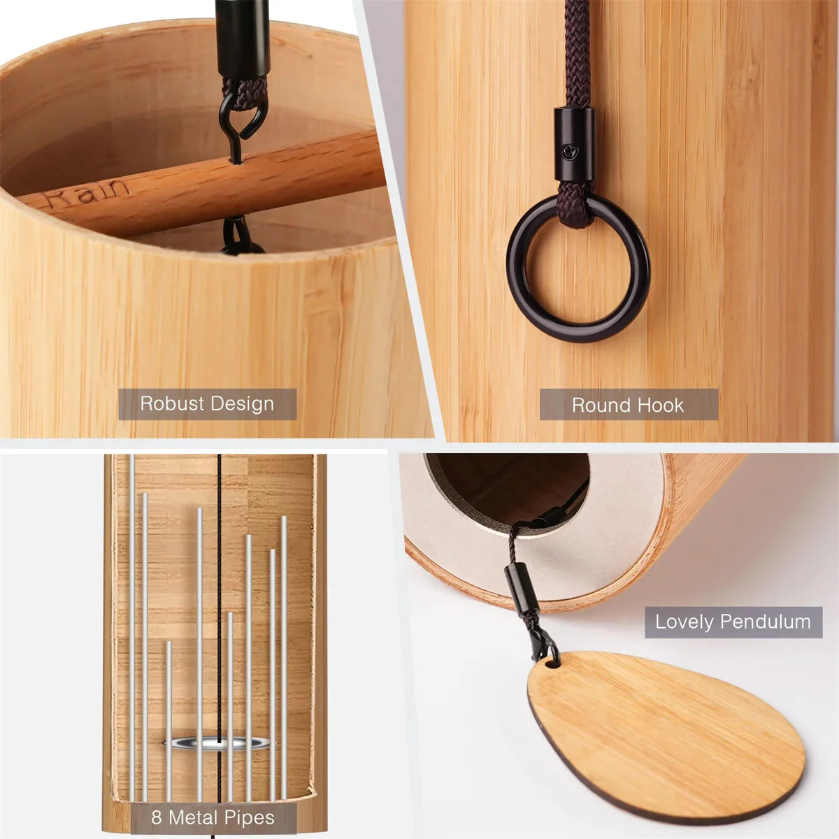Collage of a wooden product with round hook, metal pipes, and pendulum on a white background.