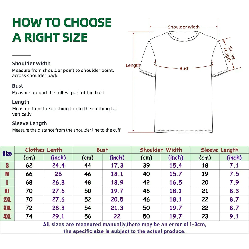 Chart and diagram showing how to choose the right size for a t-shirt with measurements.