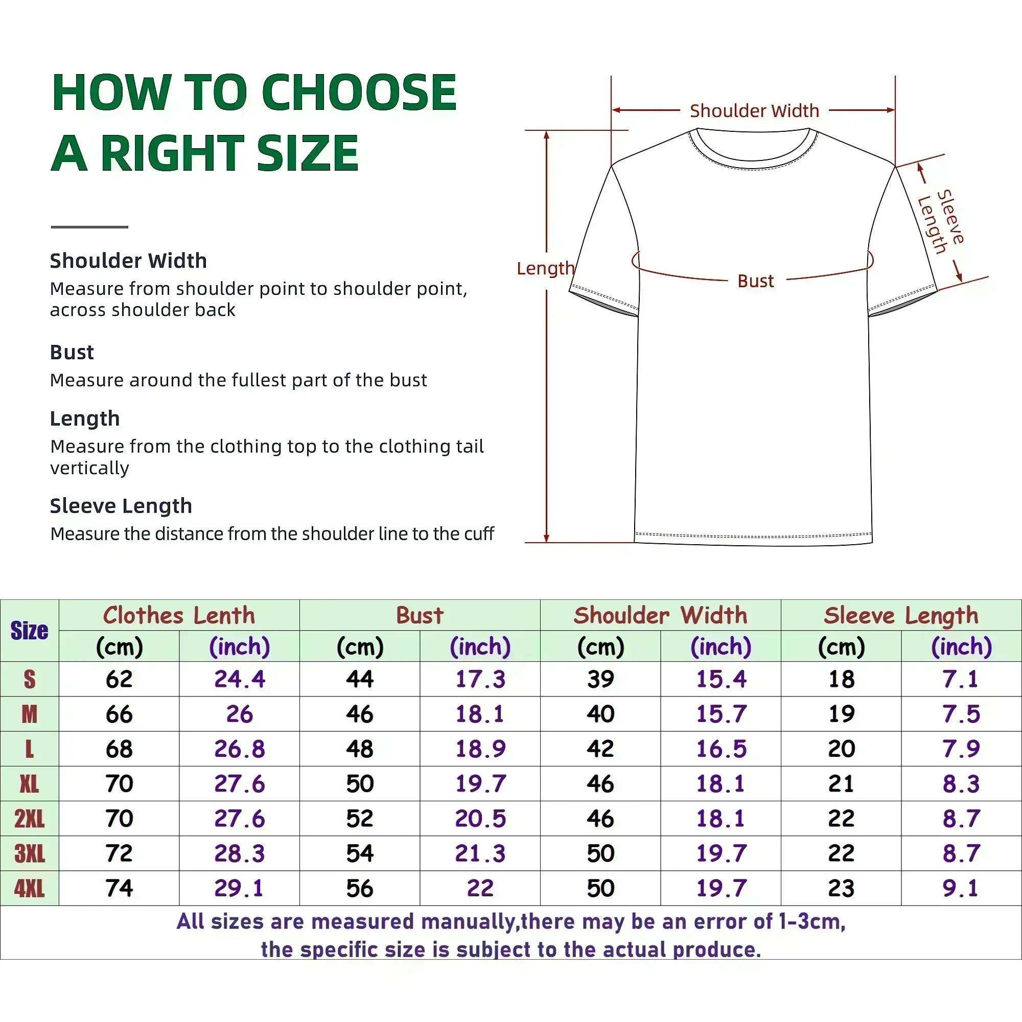 Chart and diagram showing how to choose the right size for a t-shirt with measurements.