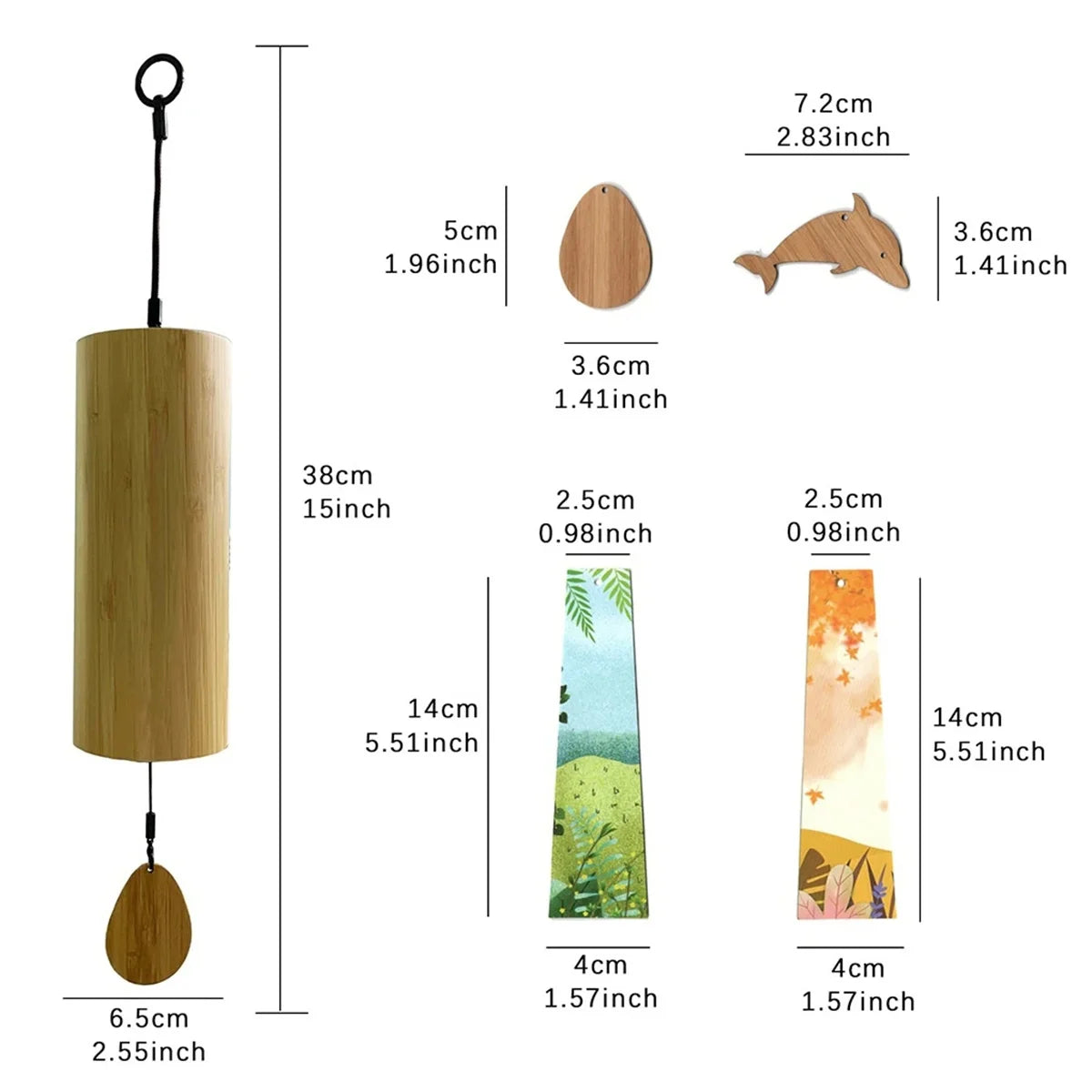 Wooden wind chime with measurements of each component on a white background