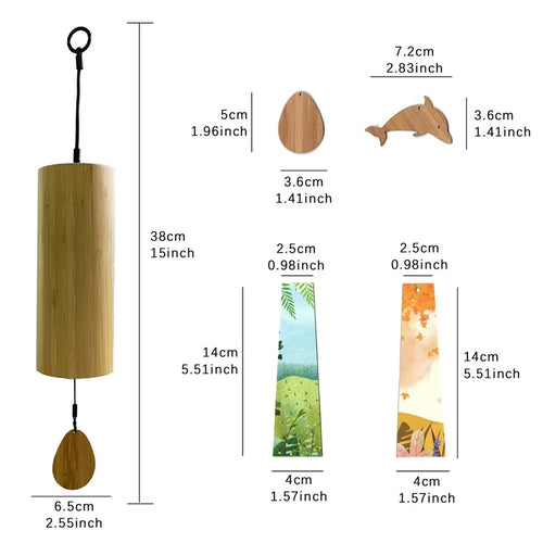 Wooden wind chime with measurements of each component on a white background