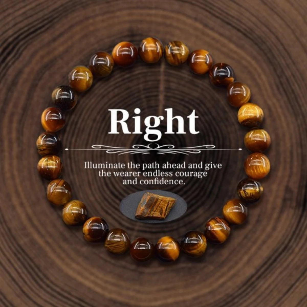 Tiger eye bracelet on a wooden background with text about its properties