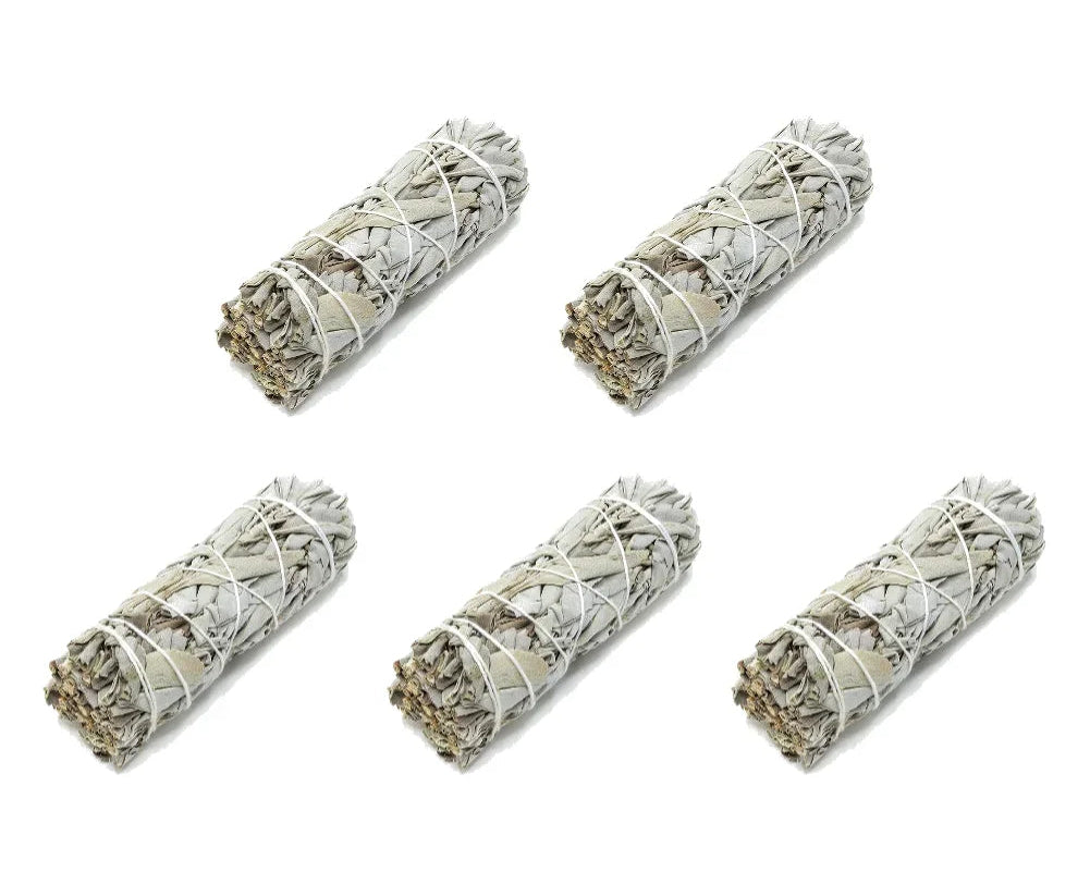 Five bundles of white sage smudge sticks on a white background with '5PCS' in red text above.
