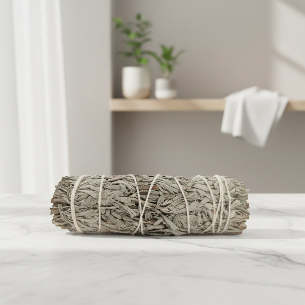 Rolled-up gray mat on a wooden floor