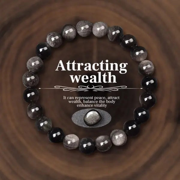 Beaded bracelet with stones on a wooden background, featuring text about its benefits.
