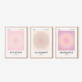 Three framed prints titled 'Intuition', 'Alignment', and 'Abundance' on a white background.