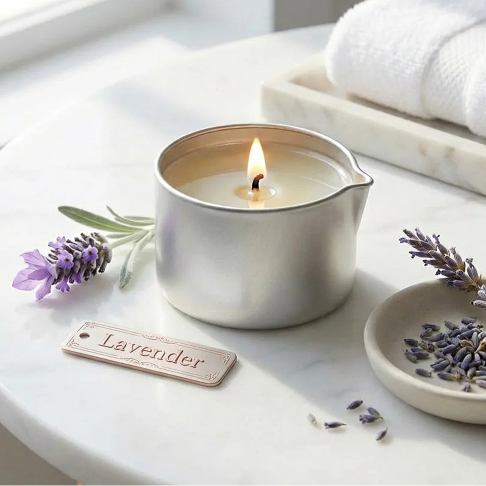 Candle with lavender and text 'Floral & Herbal Aroma' on a white surface.