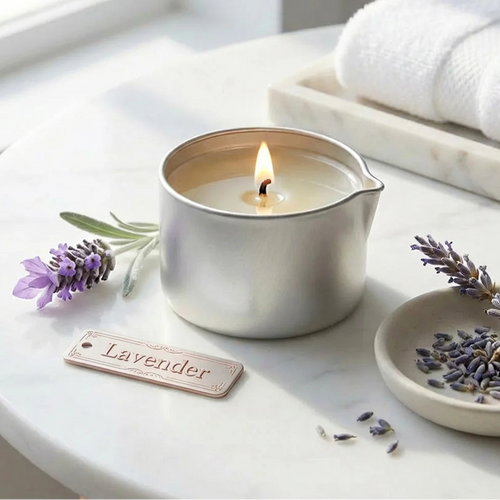 Candle with lavender and text 'Floral & Herbal Aroma' on a white surface.