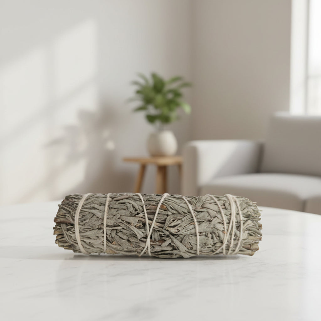 Bundled sage on a wooden surface