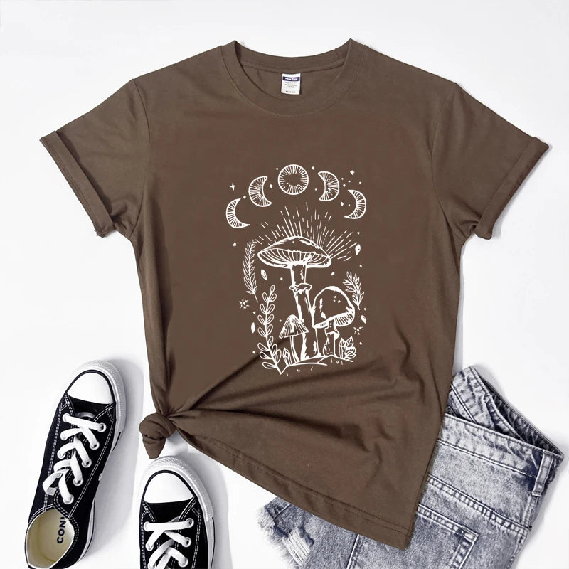 Brown t-shirt with white mushroom design, black sneakers, and jeans on a white background