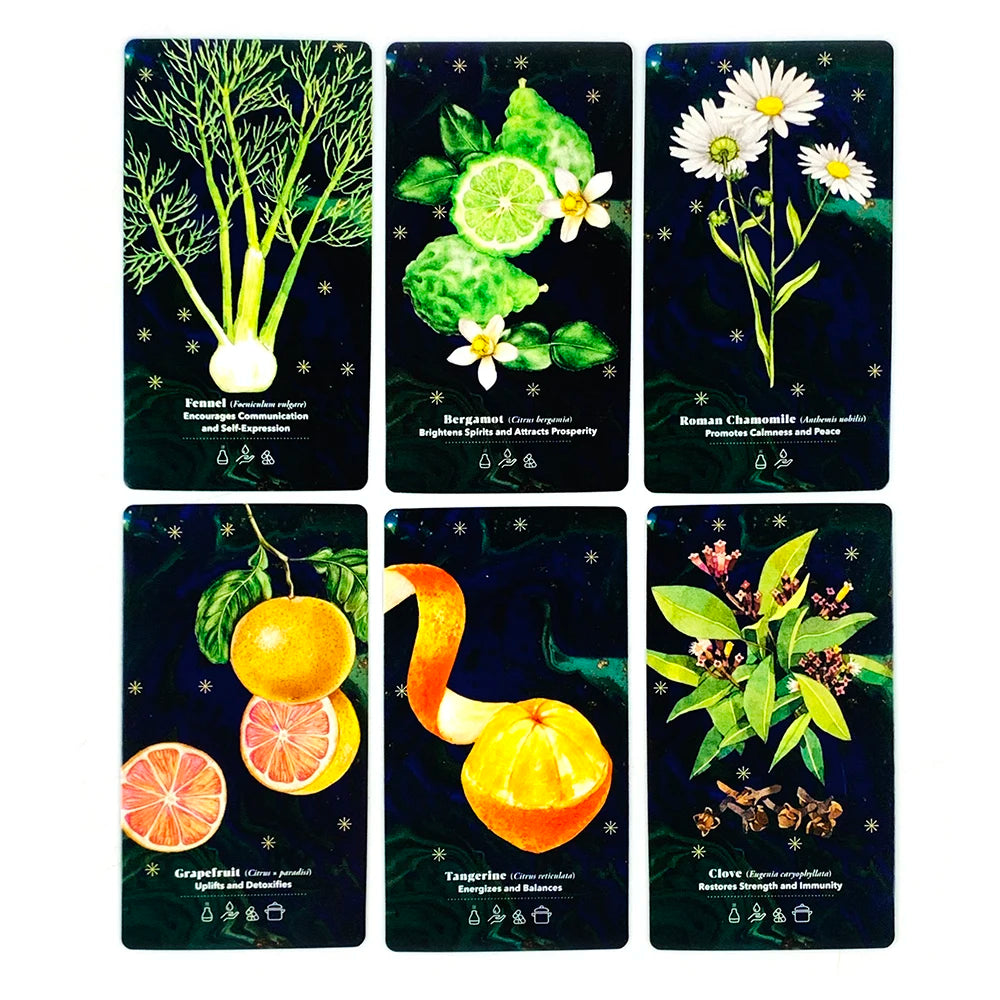 Set of six botanical cards with images of plants and fruits on a dark background