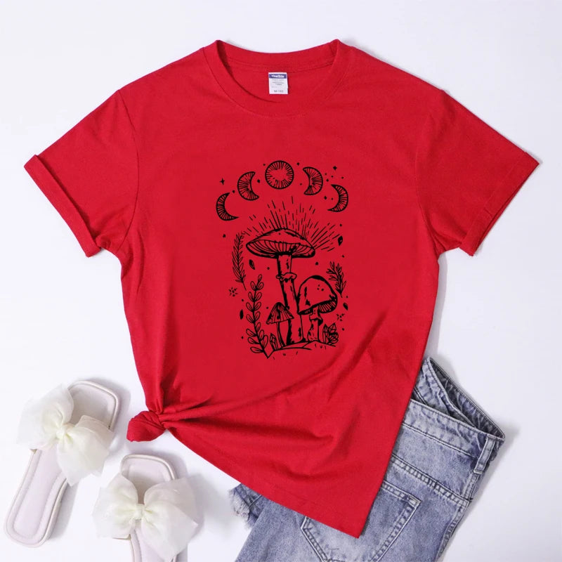 Red t-shirt with black graphic design on a white background