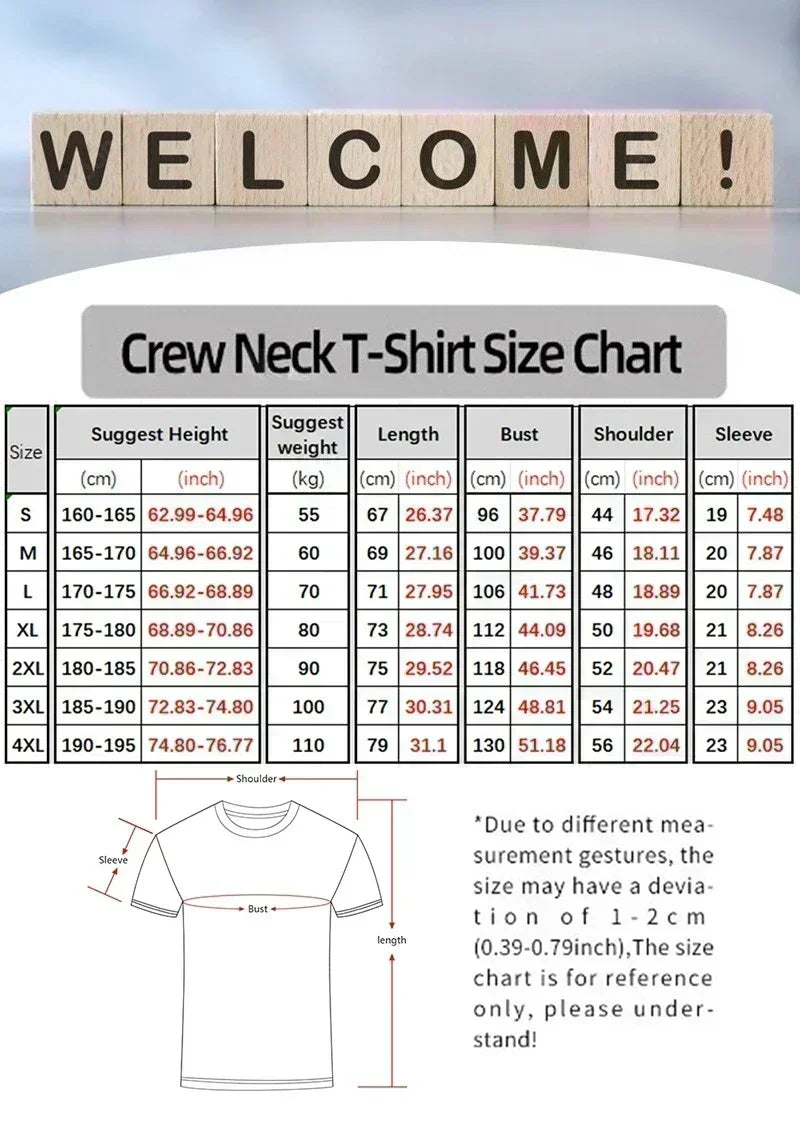 Crew neck t-shirt size chart with measurements and welcome message on a white background