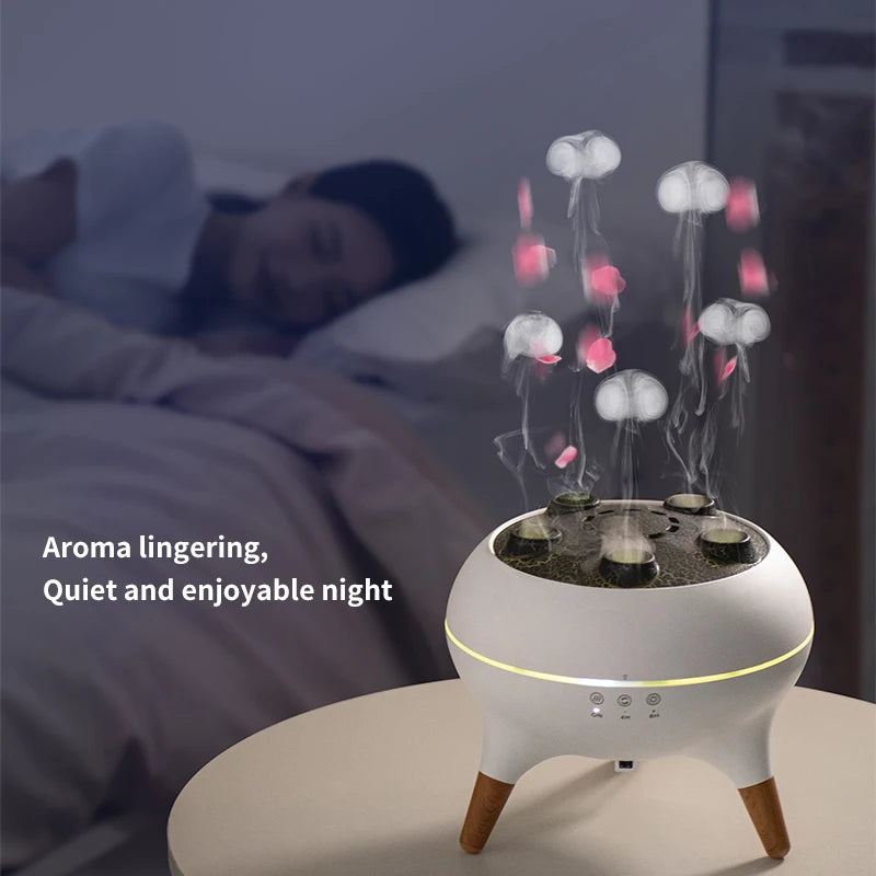 Aromatherapy diffuser on a bedside table with a person sleeping in the background.